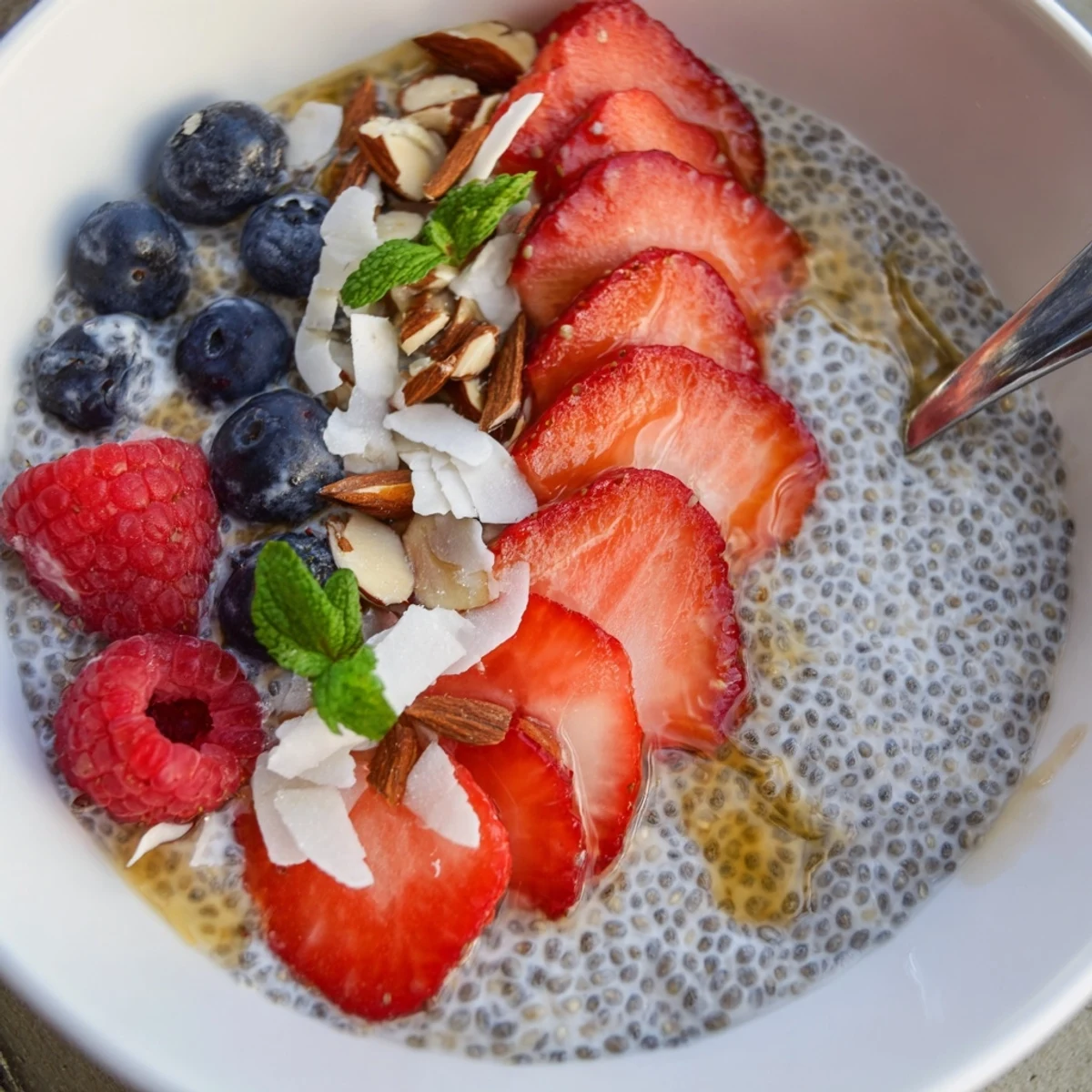 Chia Seed Pudding topped with fresh berries and mint, creamy chilled breakfast