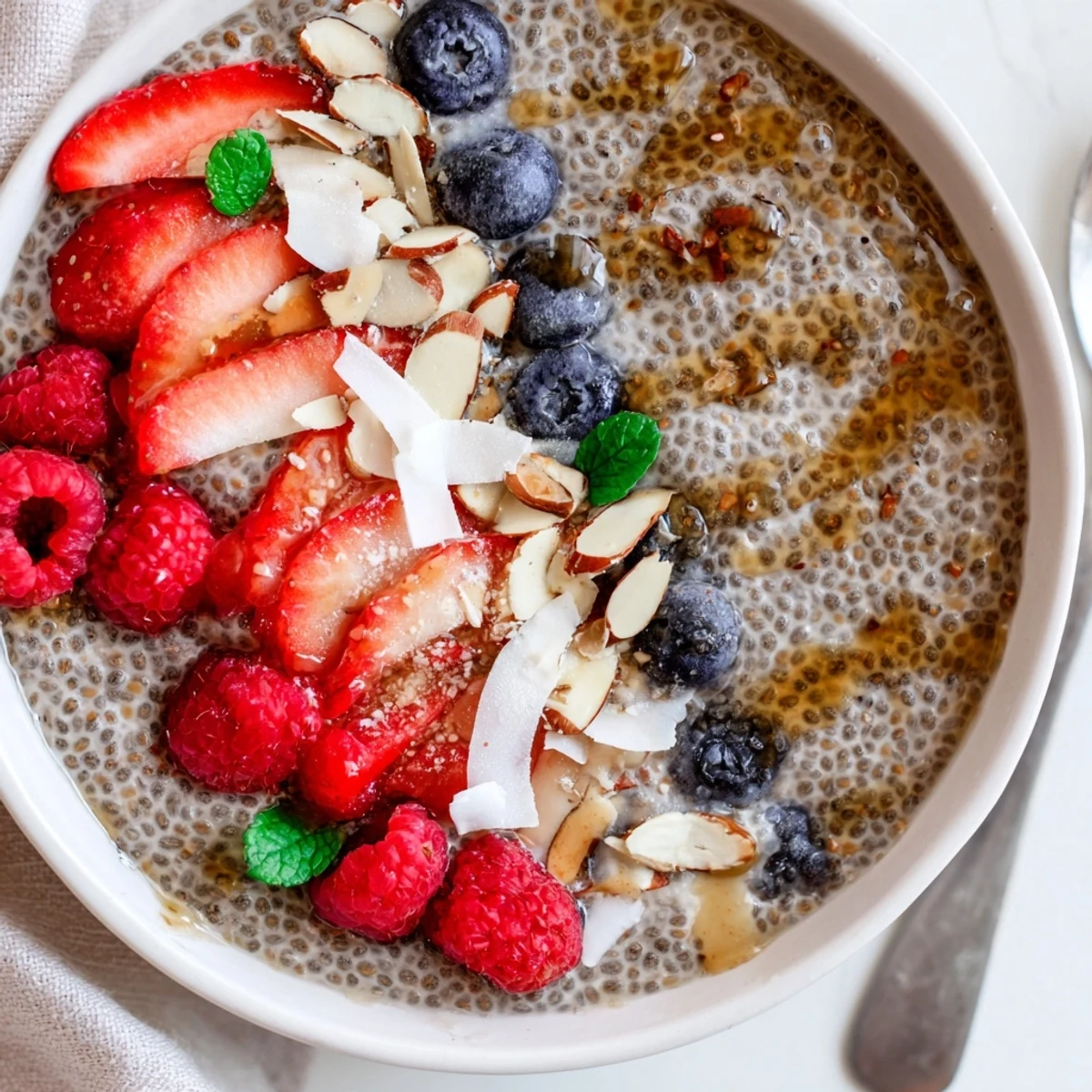 Glass jar of Chia Seed Pudding layered with raspberry puree and coconut