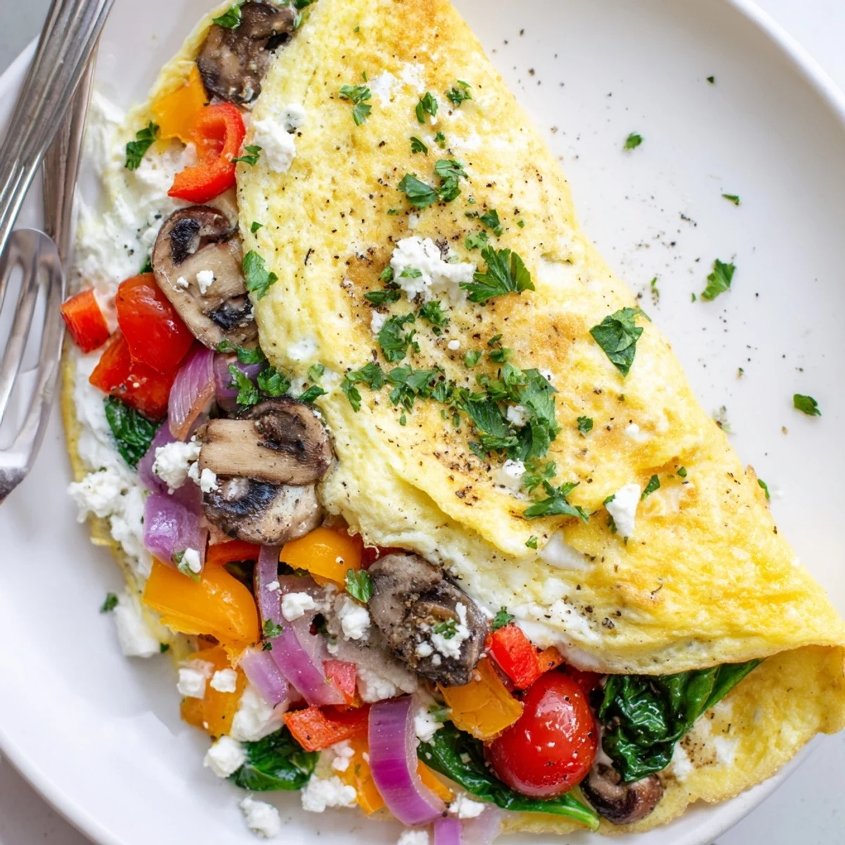Fluffy Egg White Omelette with Vegetables on plate, garnished with parsley.