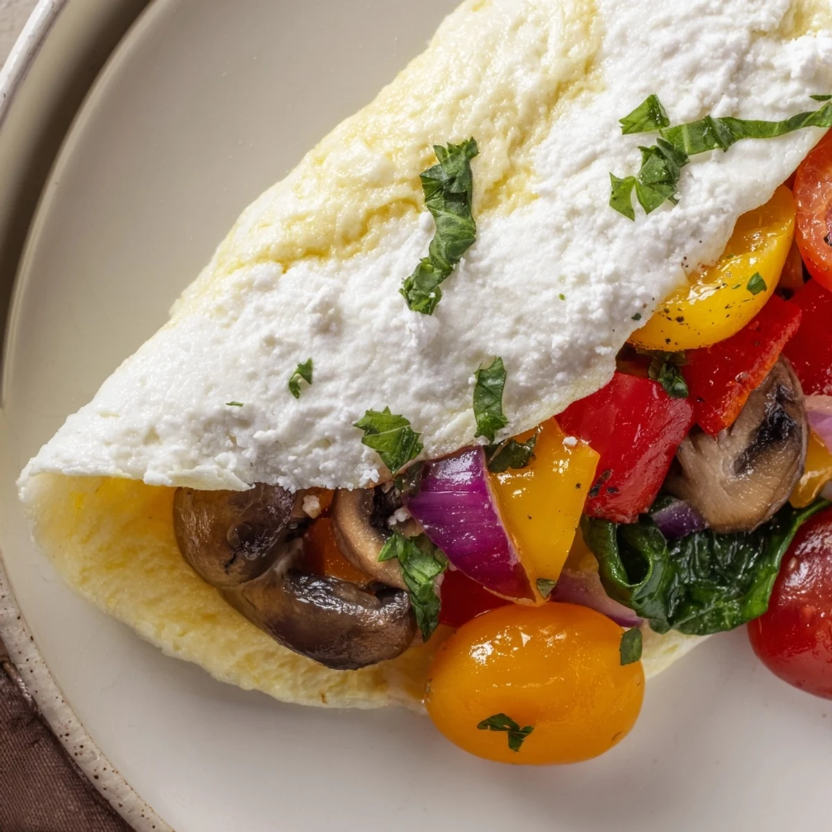 Bright sauteed peppers and tomatoes inside Egg White Omelette with Vegetables.