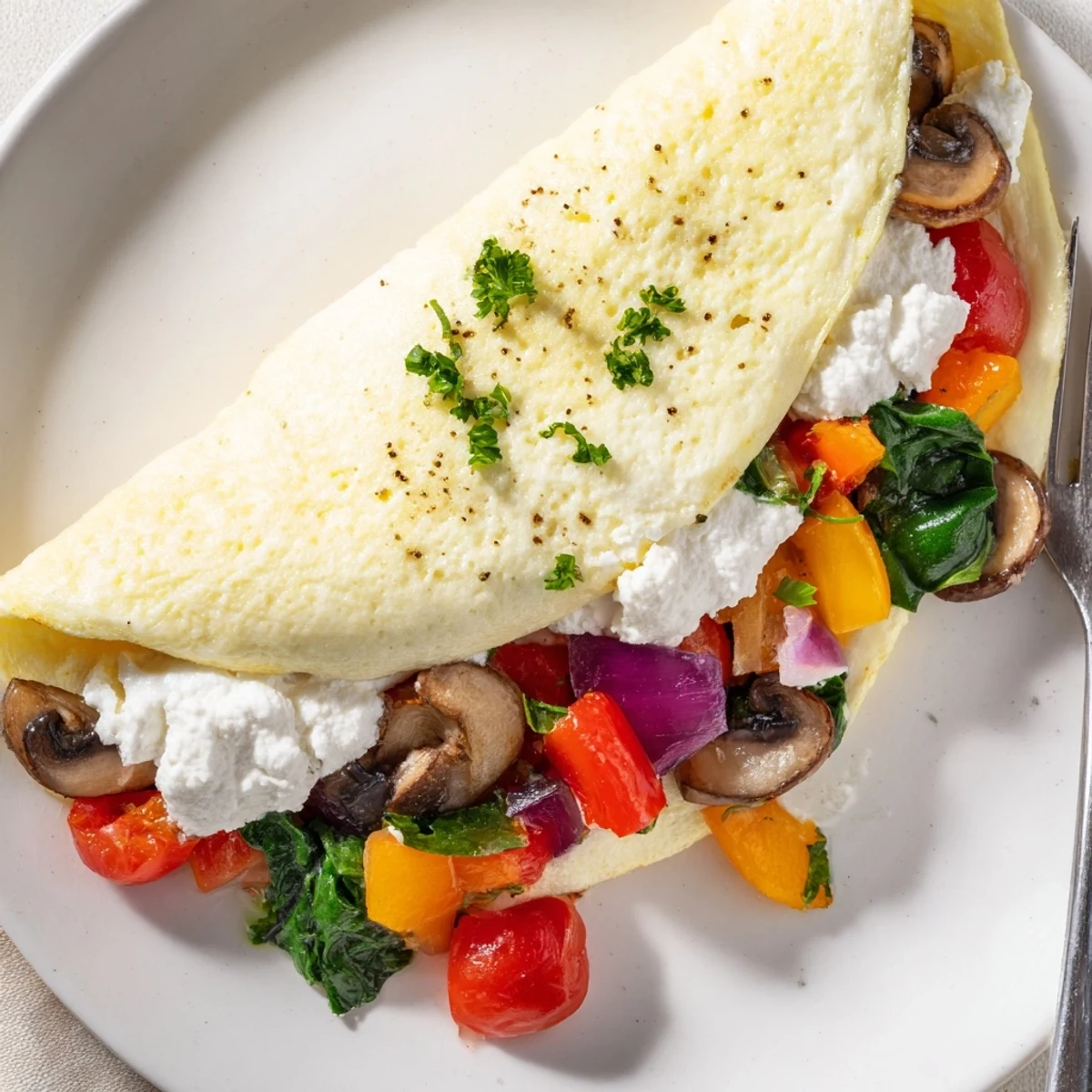 Protein-packed breakfast: Egg White Omelette with Vegetables folded, served with toast.