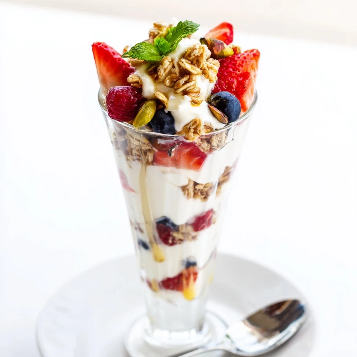 Greek Yogurt Parfait layered with creamy yogurt, bright berries, crunchy granola