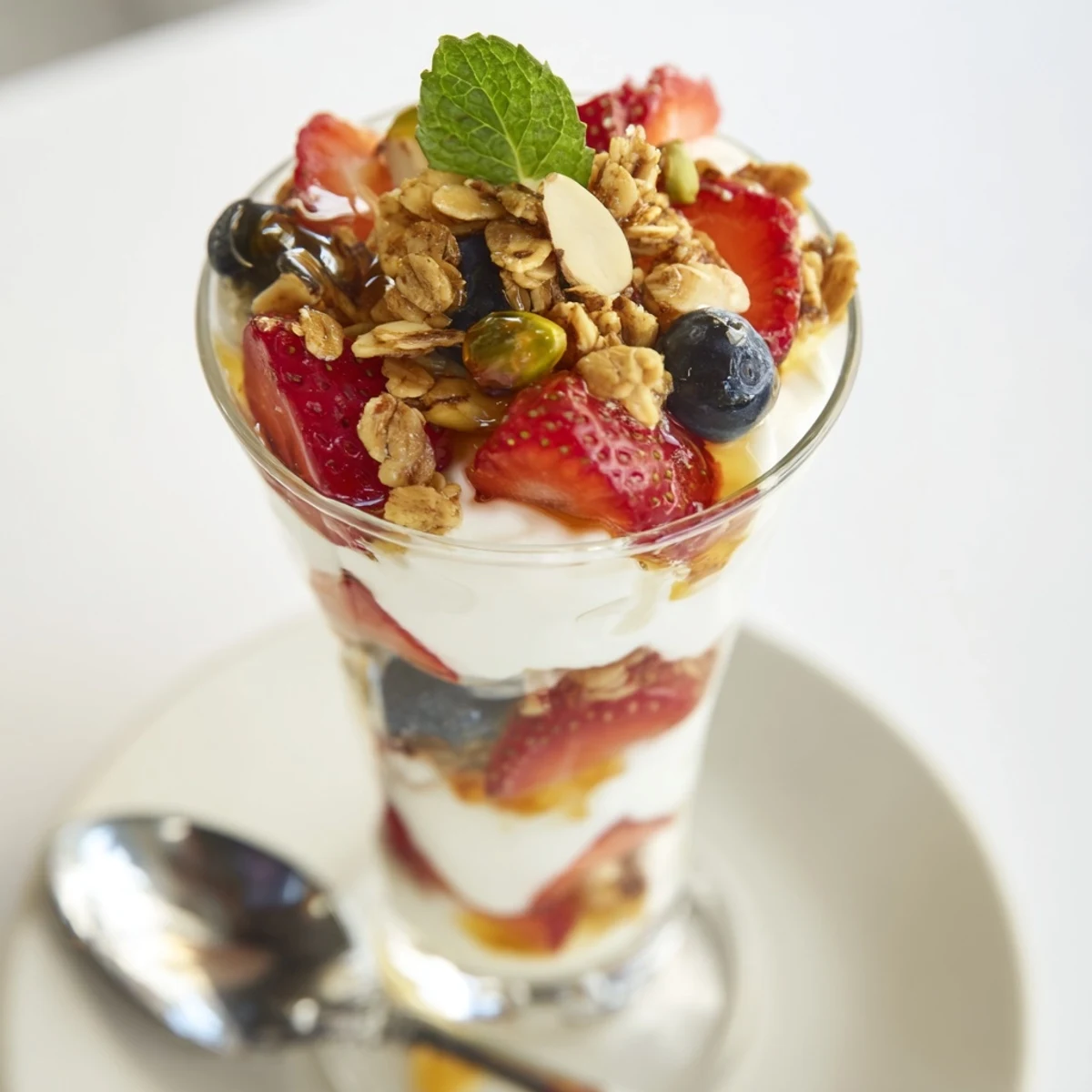 Chilled Greek Yogurt Parfait served in mason jars with honey drizzle
