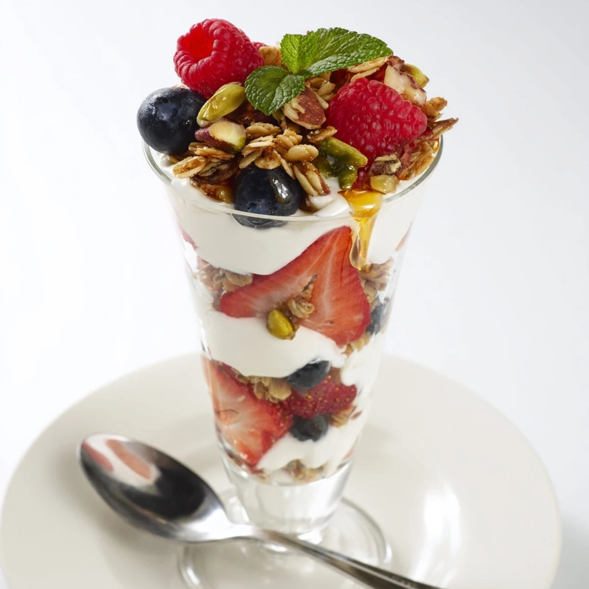 Bright Greek Yogurt Parfait topped with mint, chopped nuts, and fresh berries