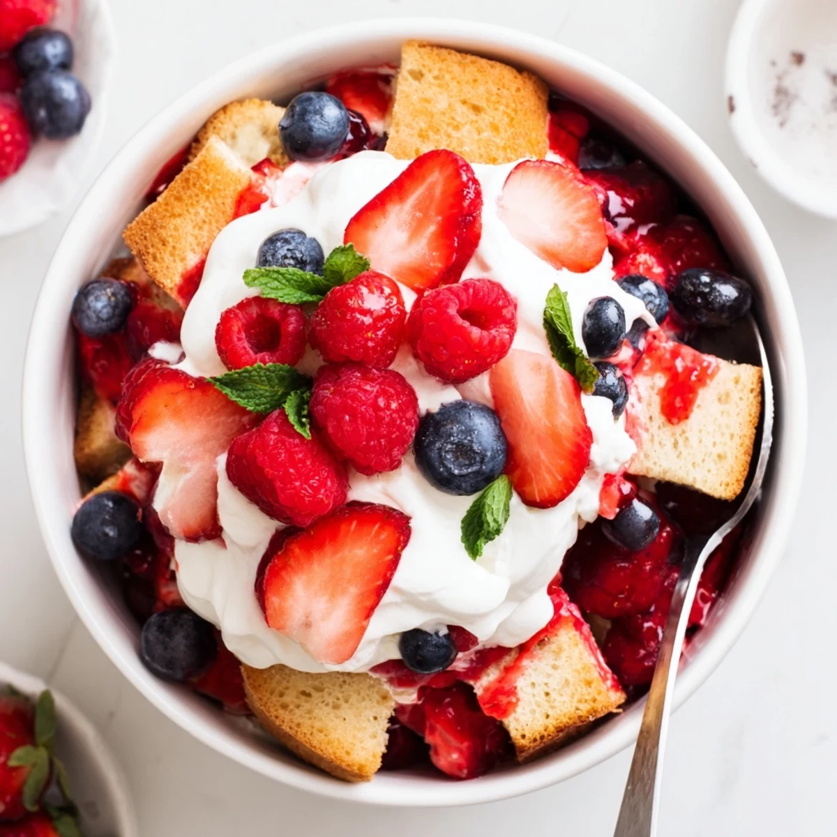 Berry Vanilla Cream Trifle layered with juicy berries, sponge cake, chilled.