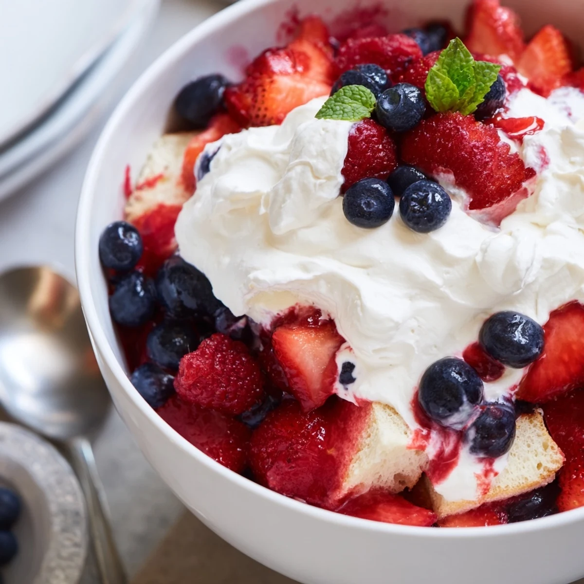 A glass of Berry Vanilla Cream Trifle garnished with mint, ready to spoon.