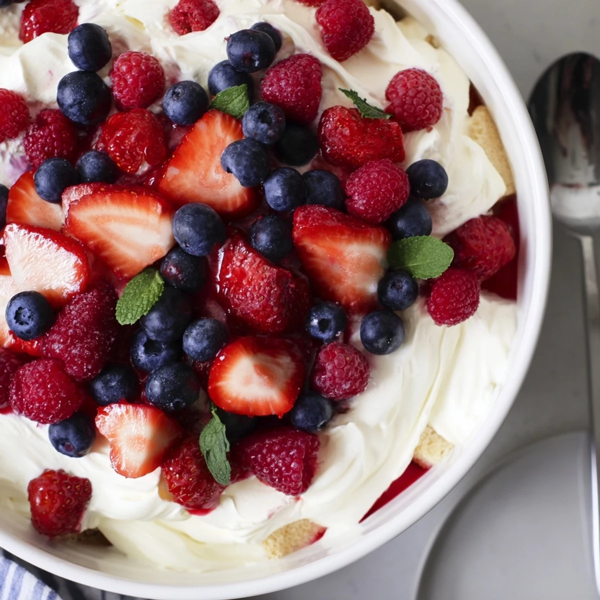 Summer Berry Vanilla Cream Trifle showing glossy macerated berries and fluffy cream.