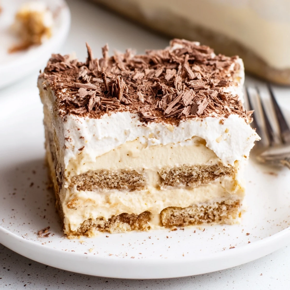 Slice of No Bake Layered Dessert showing creamy layers, ideal with coffee