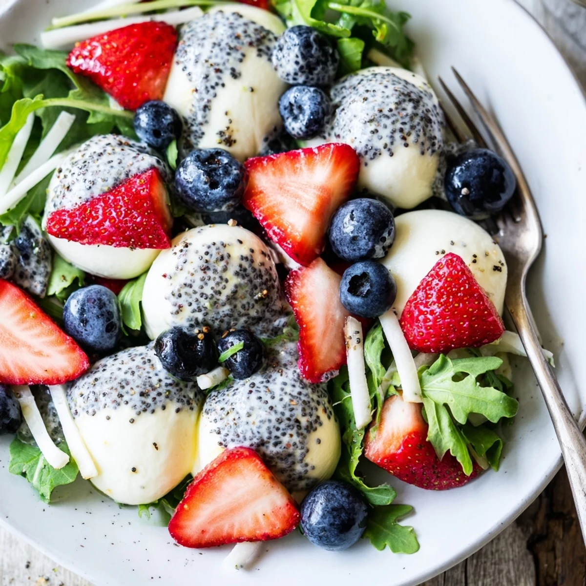 Colorful 4th Of July Salad on platter, poppy seed dressing ready to drizzle
