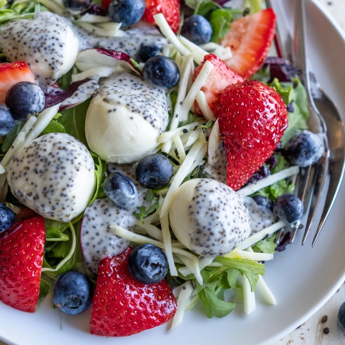 4th Of July Salad with juicy strawberries, blueberries, creamy mozzarella, bright greens