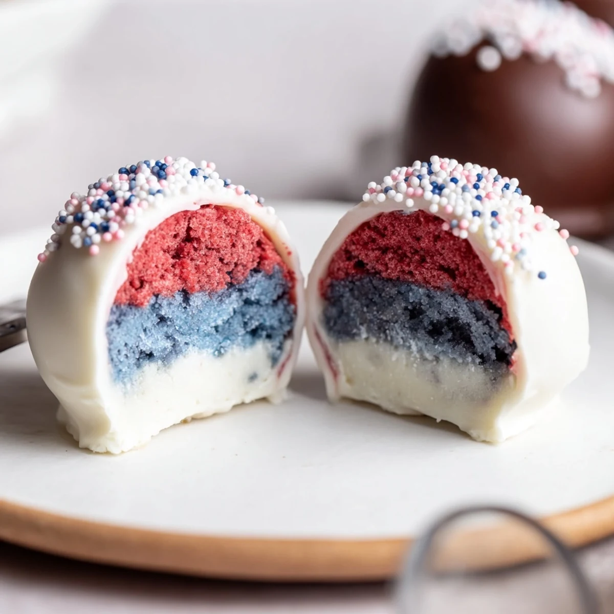 Hand-rolled Of July Truffles Creamy And Patriotic dusted in white sprinkles, festive bites