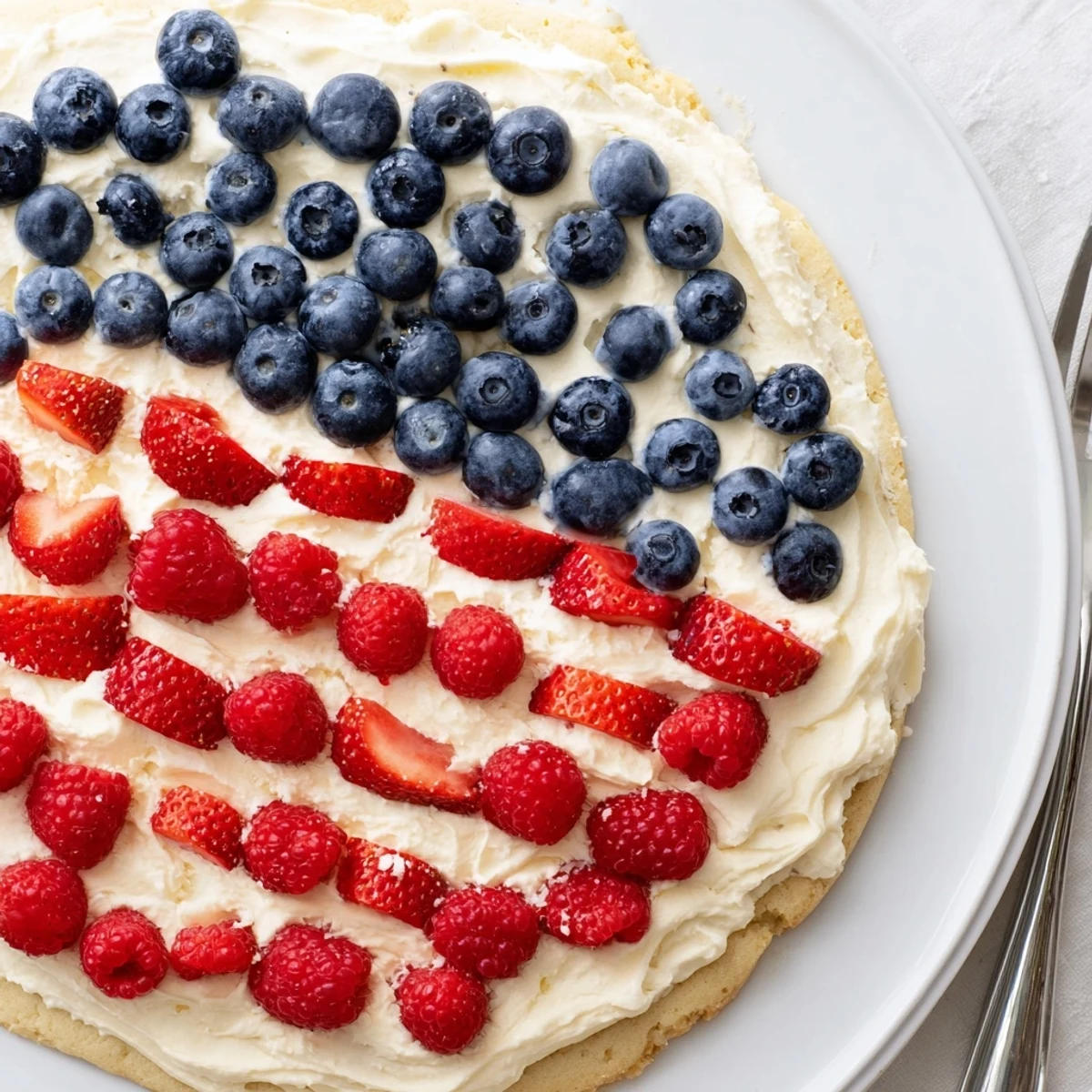 Sugar Cookie Flag Fruit Pizza with creamy frosting and juicy strawberry stripes