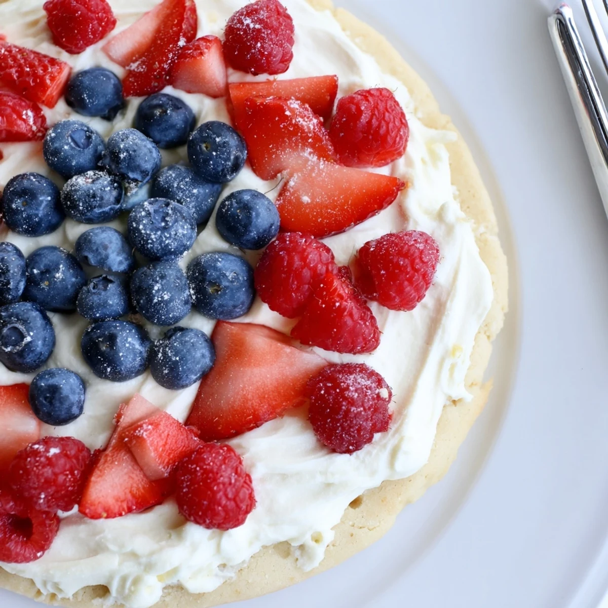Chilled Sugar Cookie Flag Fruit Pizza topped with fresh blueberries and raspberries