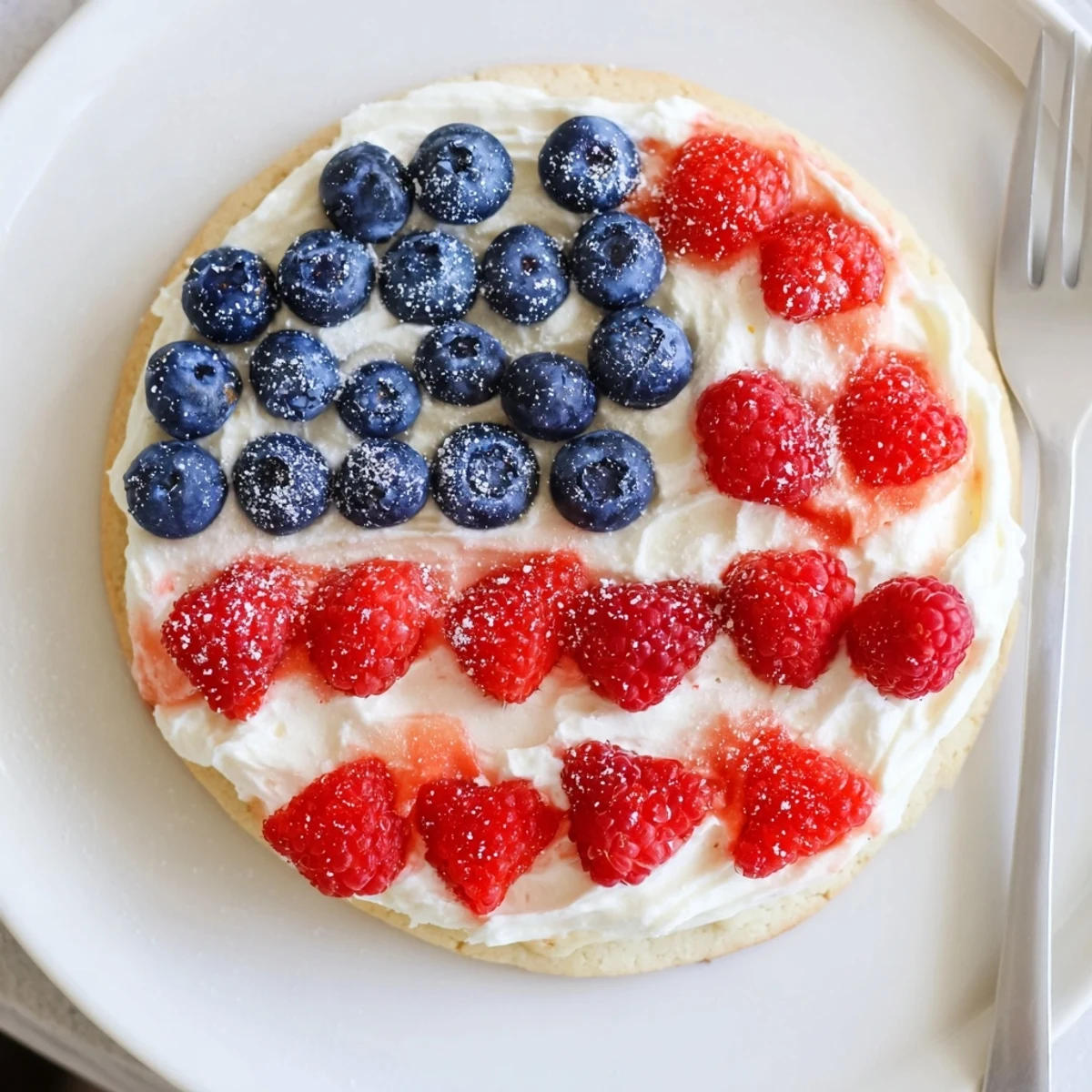 Slice of Sugar Cookie Flag Fruit Pizza on picnic platter, creamy, fruity, festive