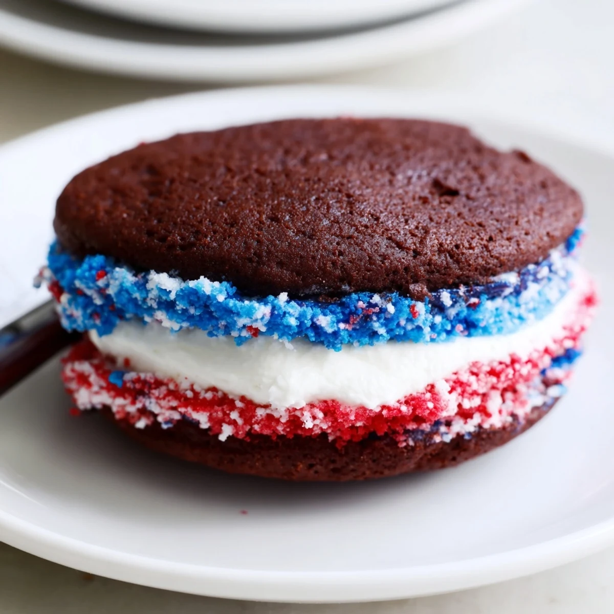 Stack of Patriotic Whoopie Pies chilled for serving, colorful festive edges