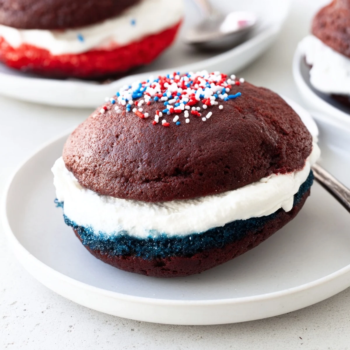Plated Patriotic Whoopie Pies dusted with sprinkles, gooey marshmallow filling visible