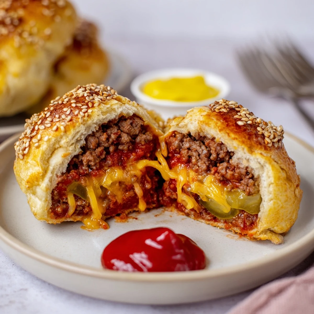 Freshly baked Cheesy Cheeseburger Bombs Explosion Recipe, golden biscuits oozing cheddar.