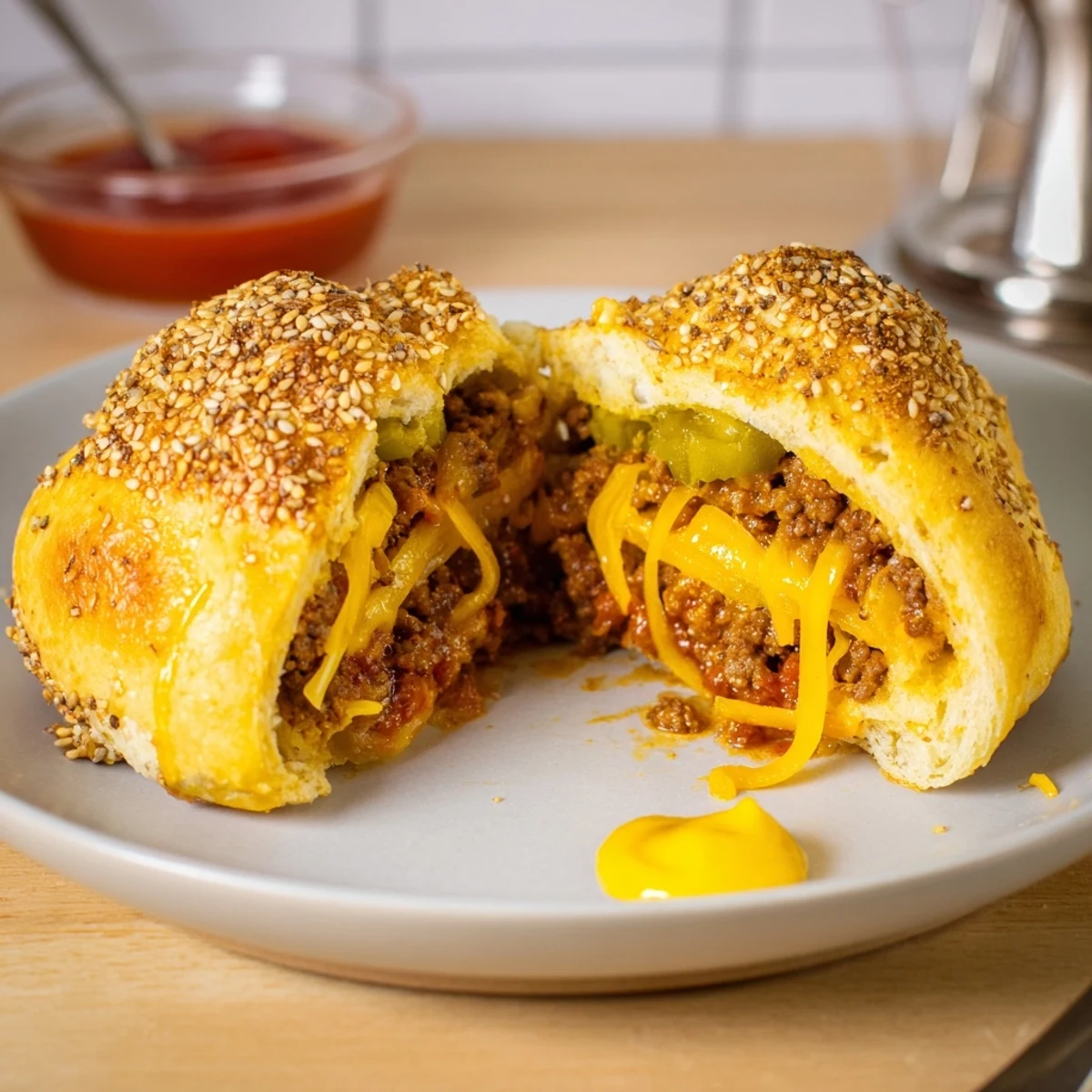 Close-up of Cheesy Cheeseburger Bombs Explosion Recipe steaming, sesame seeds sprinkled.