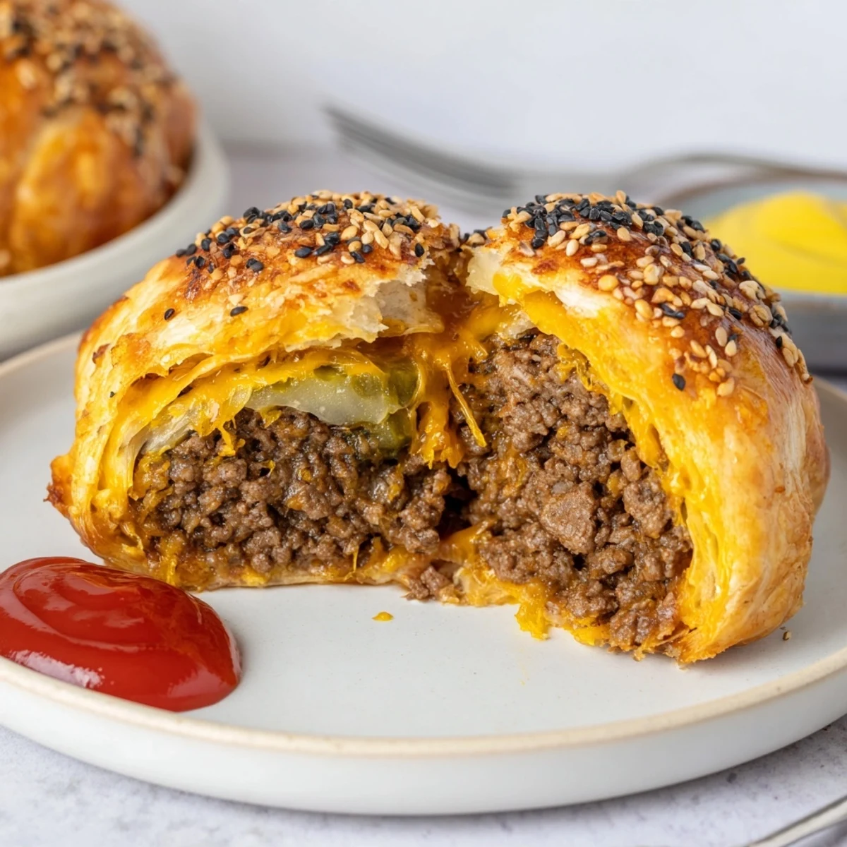 Plate of Cheesy Cheeseburger Bombs Explosion Recipe served with tangy ketchup dip.