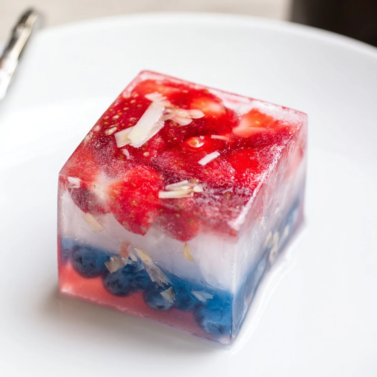 Glass of sparkling water adorned with Red White And Blue Ice Cubes Recipe