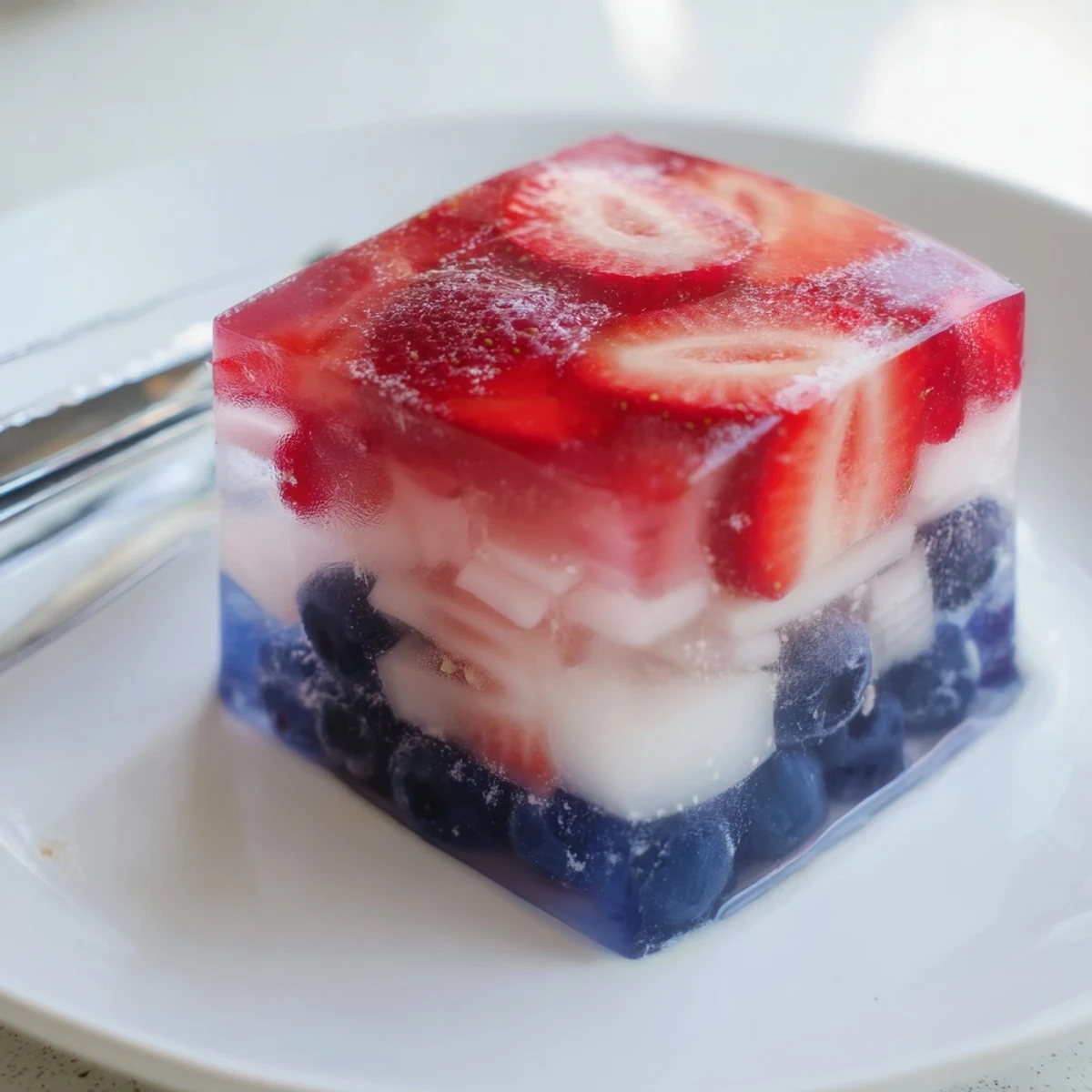 Homemade Red White And Blue Ice Cubes Recipe layered with strawberries coconut blueberries