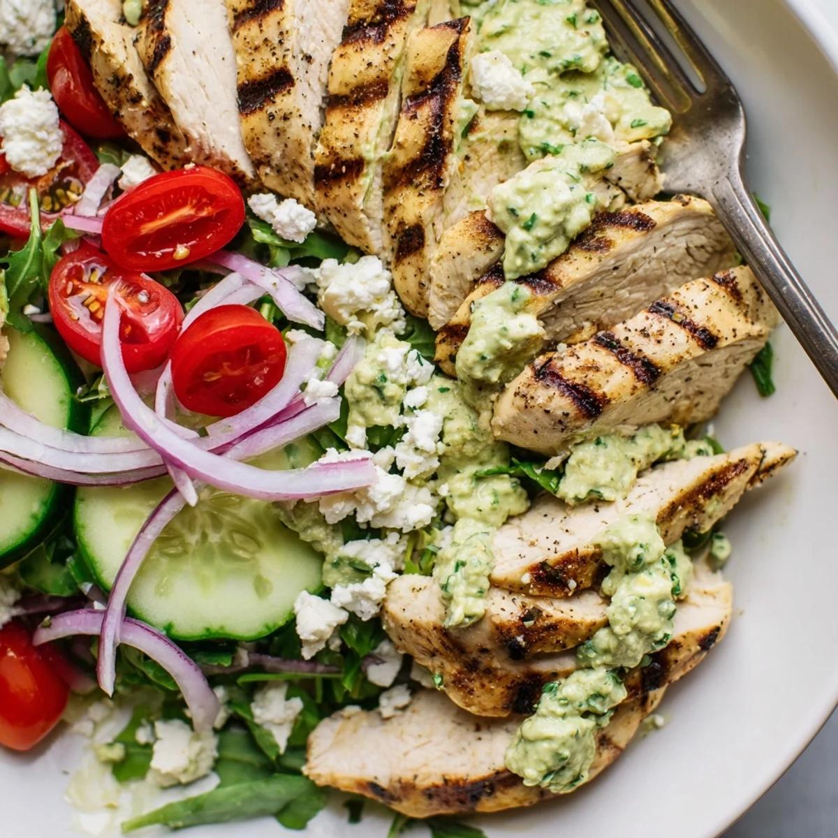 Grilled Chicken Salad Avocado Herb Dressing Recipe with charred chicken, creamy avocado dressing  