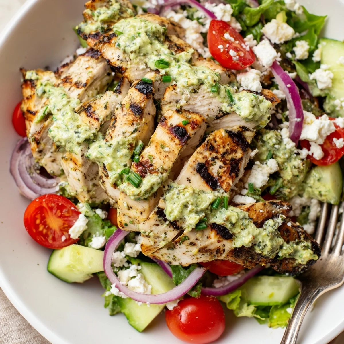 Sliced smoky breast atop mixed greens in Grilled Chicken Salad Avocado Herb Dressing Recipe