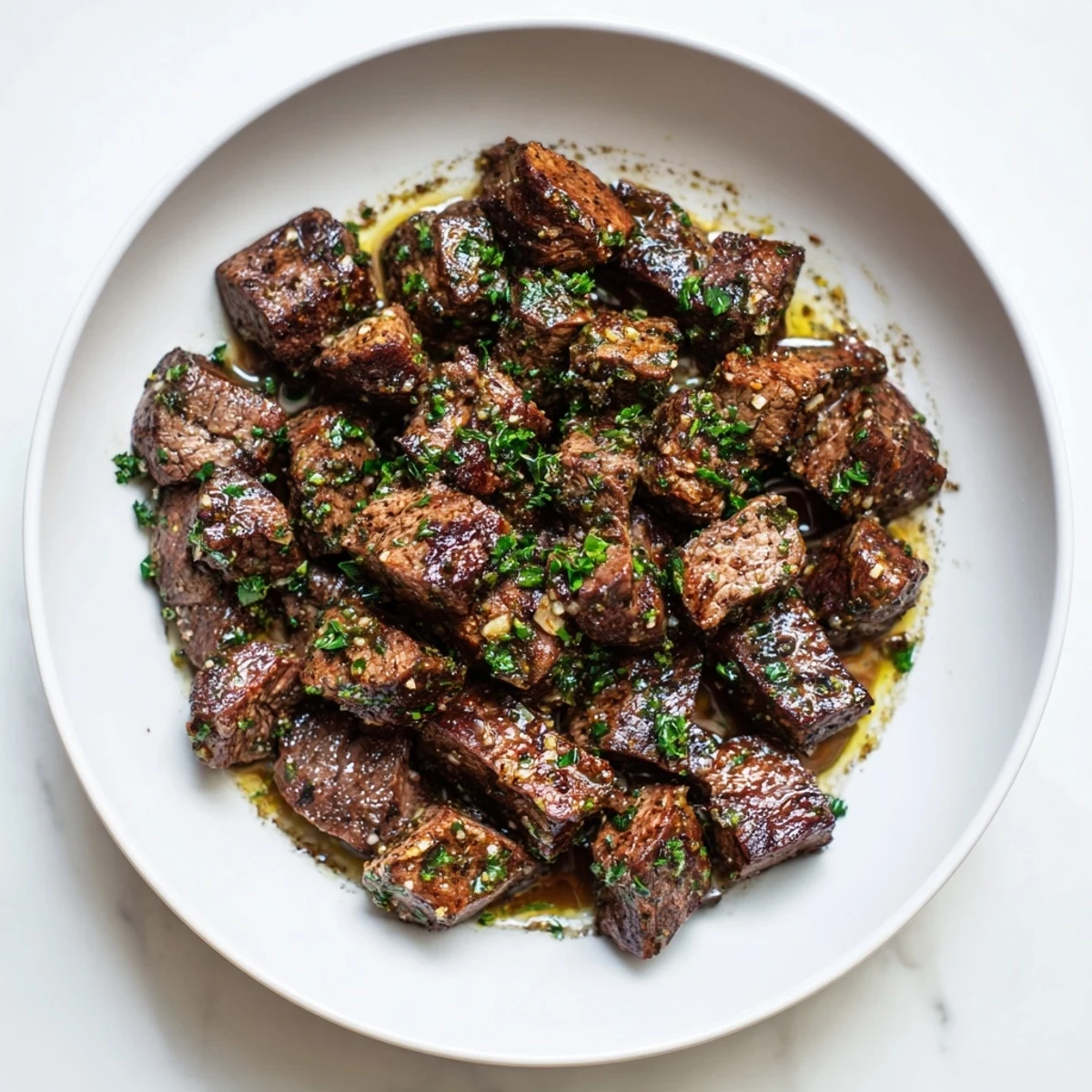 Garlic Butter Steak Bites glistening in butter, seared crust, steaming plate.