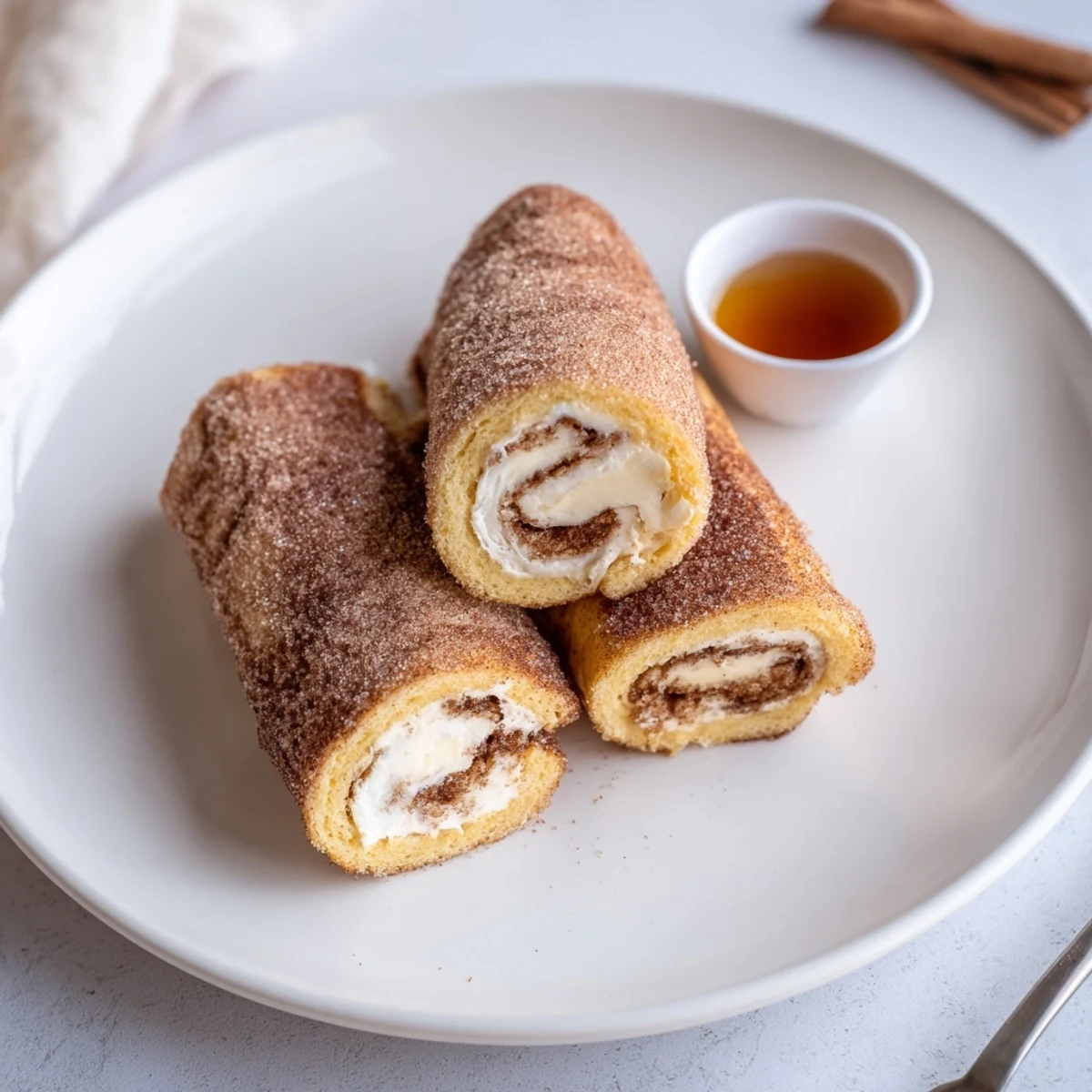 Skillet-fried Cinnamon Roll French Toast Roll Ups dusted in cinnamon sugar, steaming