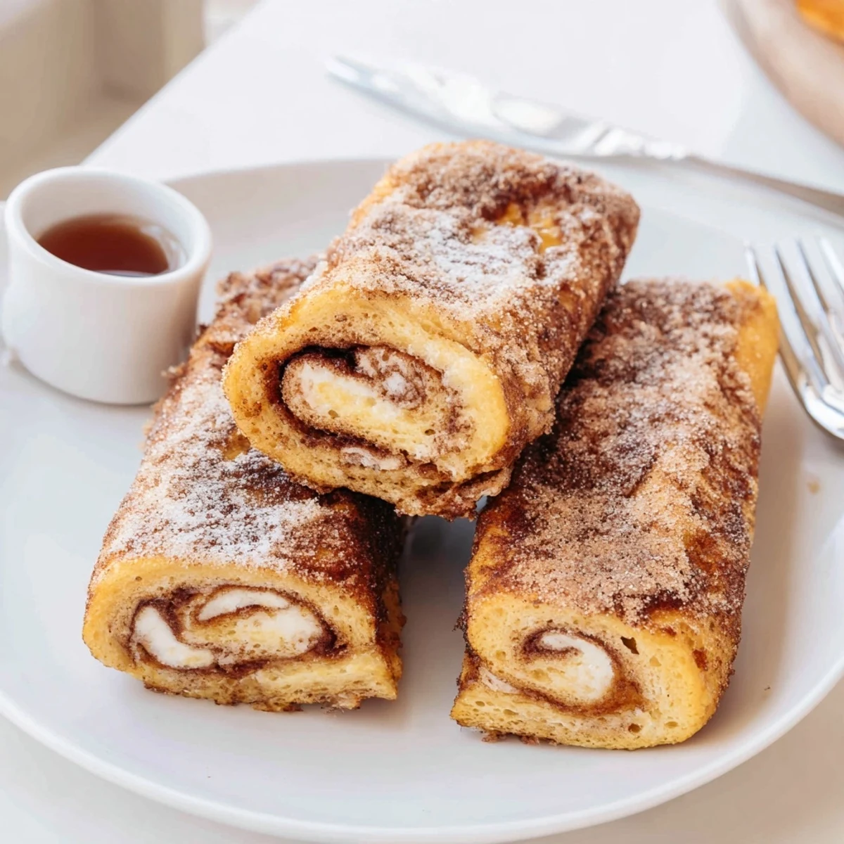 Warm Cinnamon Roll French Toast Roll Ups handheld, cream cheese oozing gently