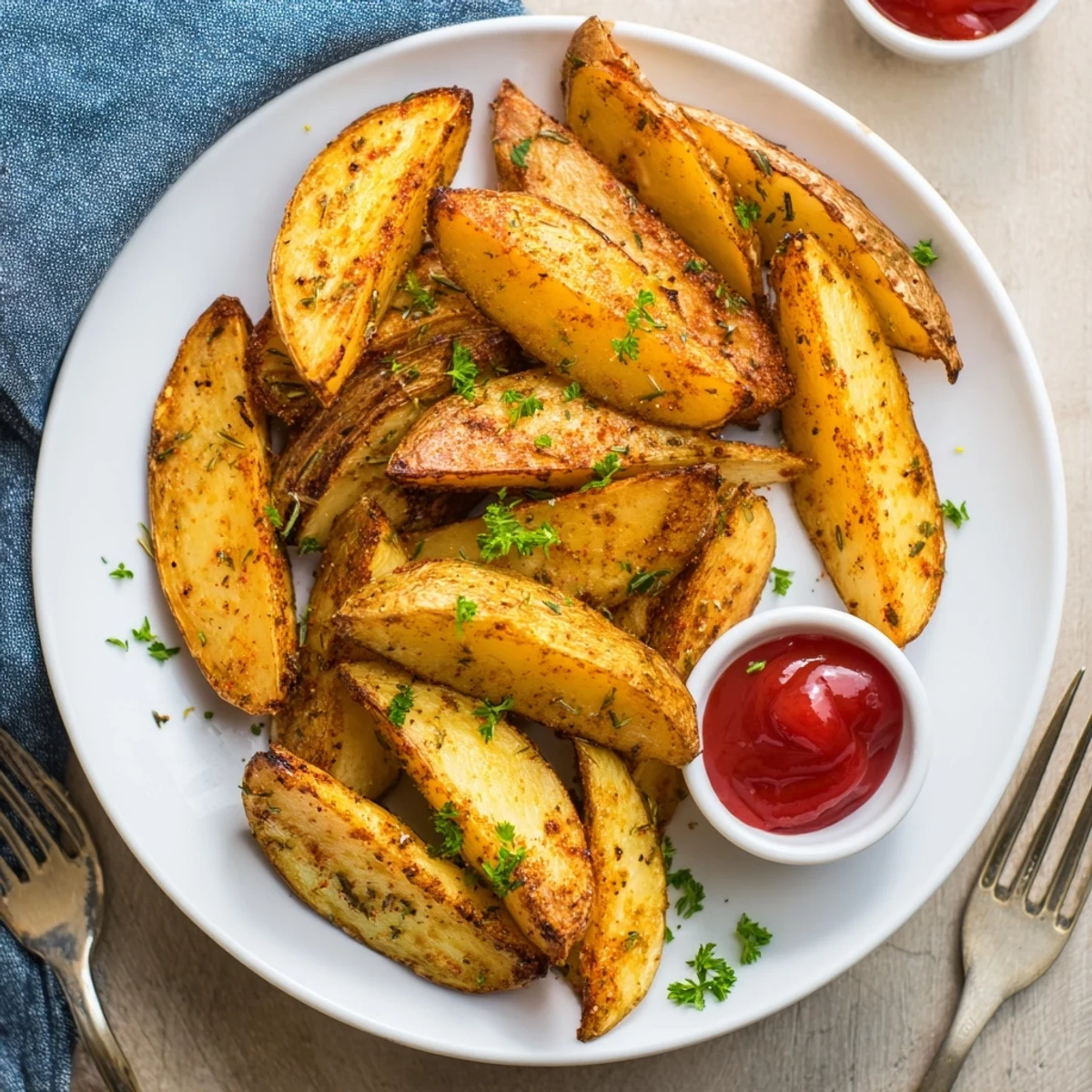 Golden oven-baked Potato Wedges, crispy edges and fluffy centers, served hot.