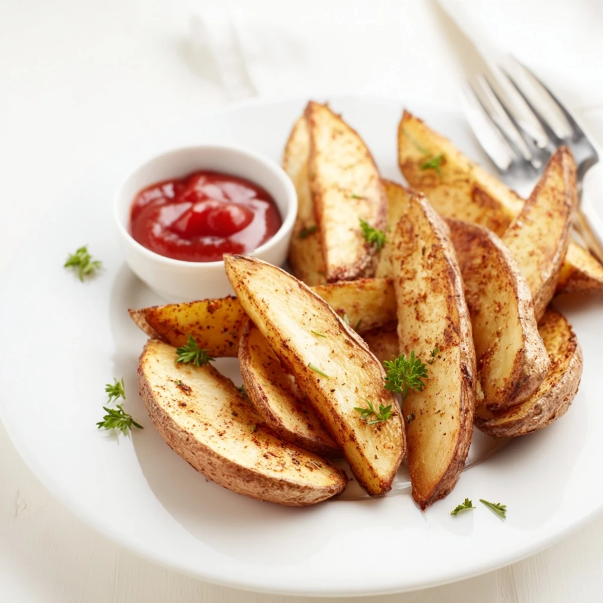 Herb-seasoned Potato Wedges on parchment, fragrant garlic and paprika aroma.