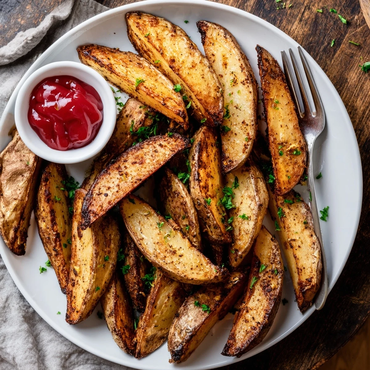 Crispy-skinned Potato Wedges with parsley sprinkle, ideal for ketchup dipping.