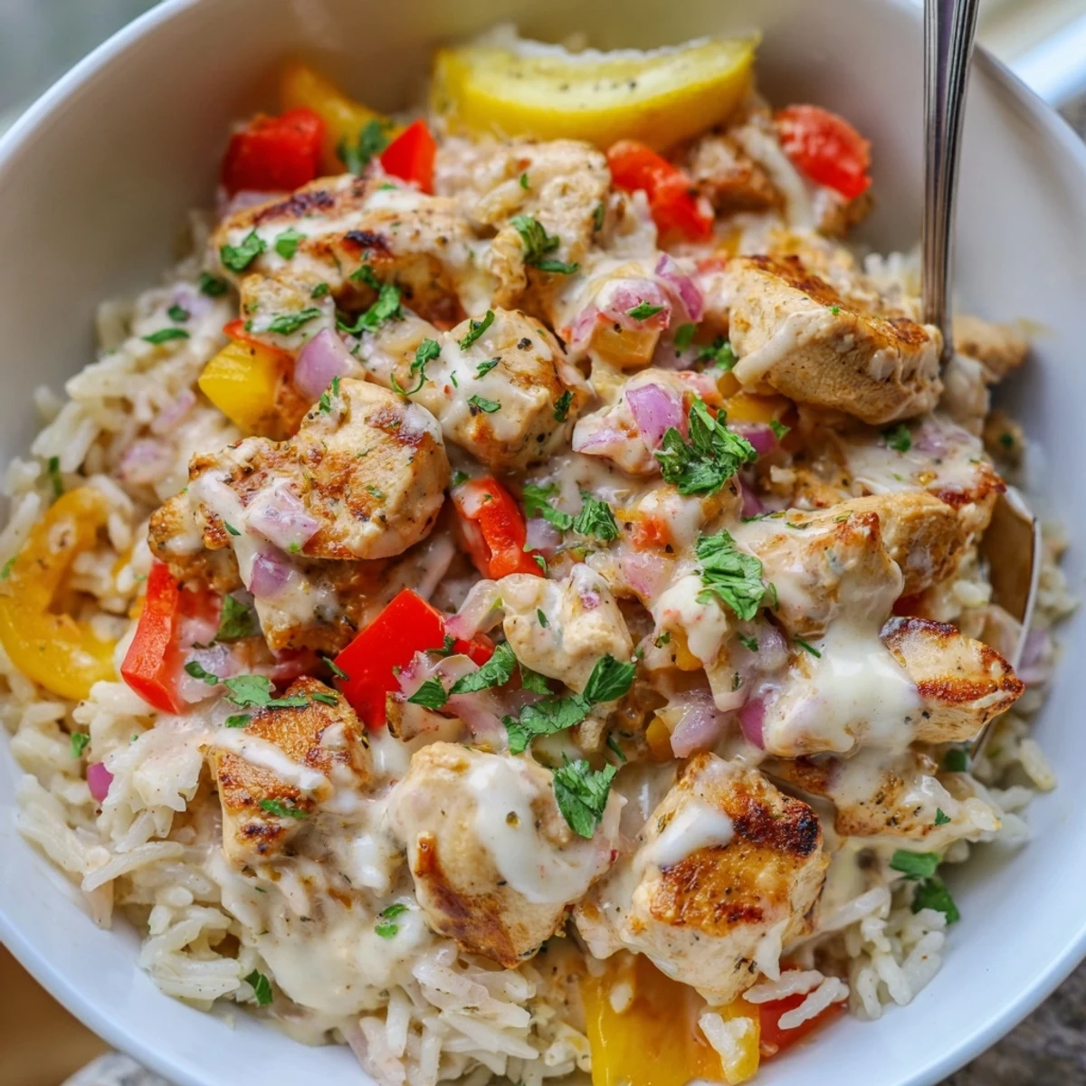 Creamy Cajun Chicken Rice Bowls with tender bites, vibrant peppers, and fresh parsley.