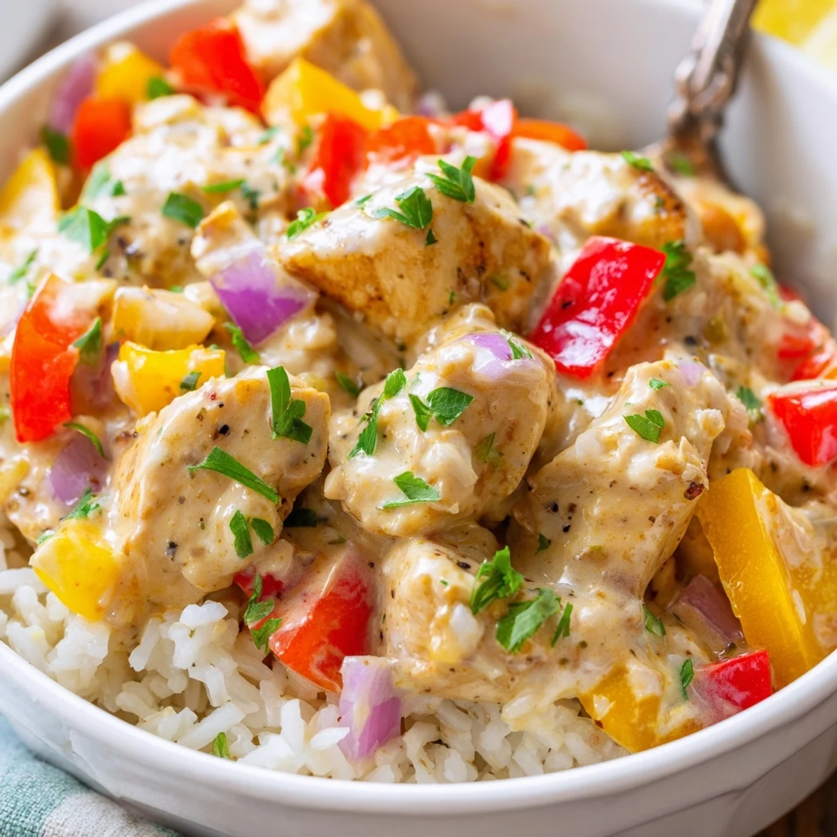 Steaming Creamy Cajun Chicken Rice Bowls topped with parsley and lemon wedge.