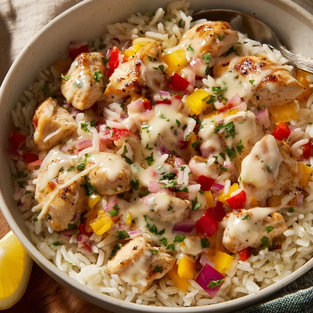 Family-style Creamy Cajun Chicken Rice Bowls creamy sauce, smoky paprika, fluffy rice.