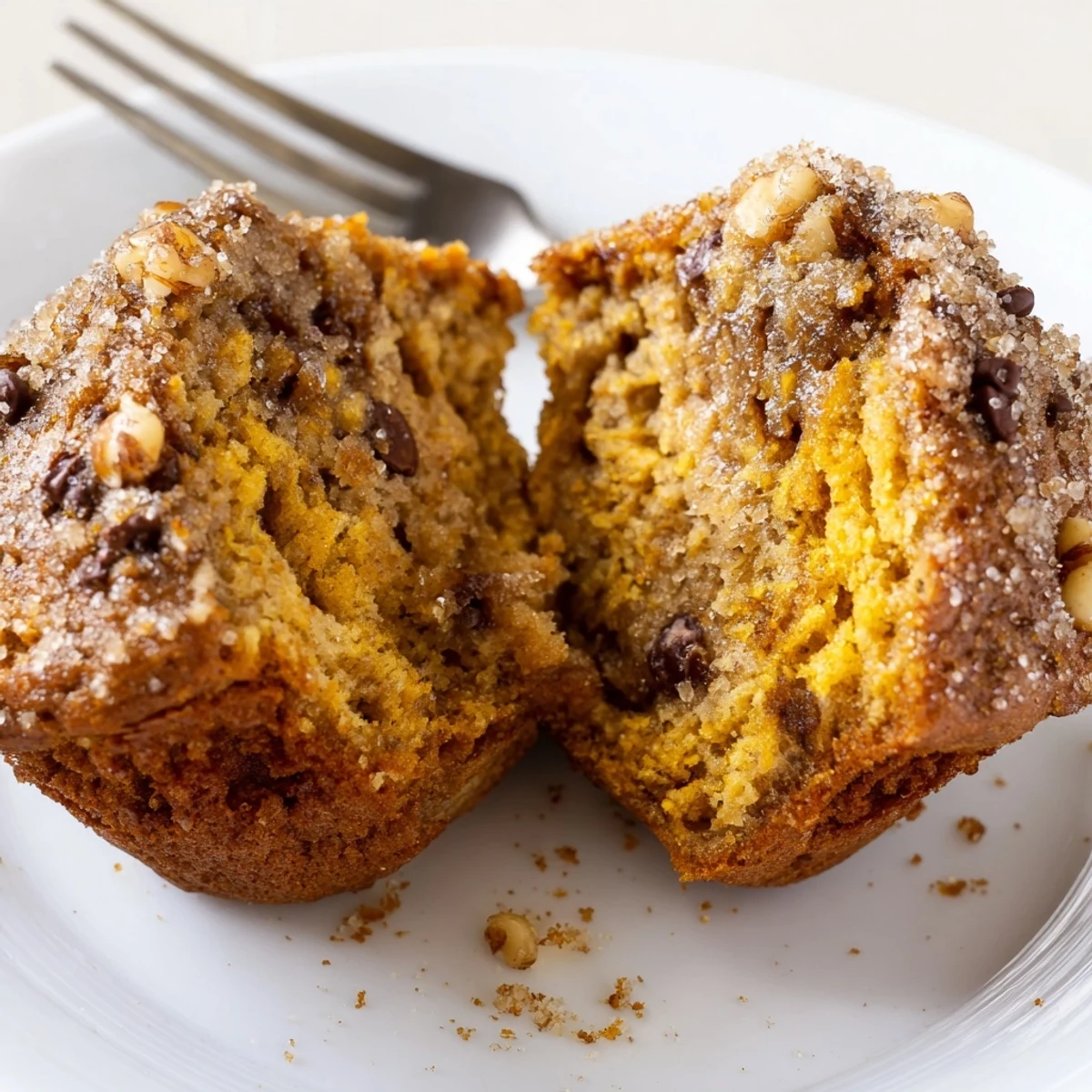 Moist Pumpkin Banana Muffins Recipe with visible walnuts and melted chocolate chips