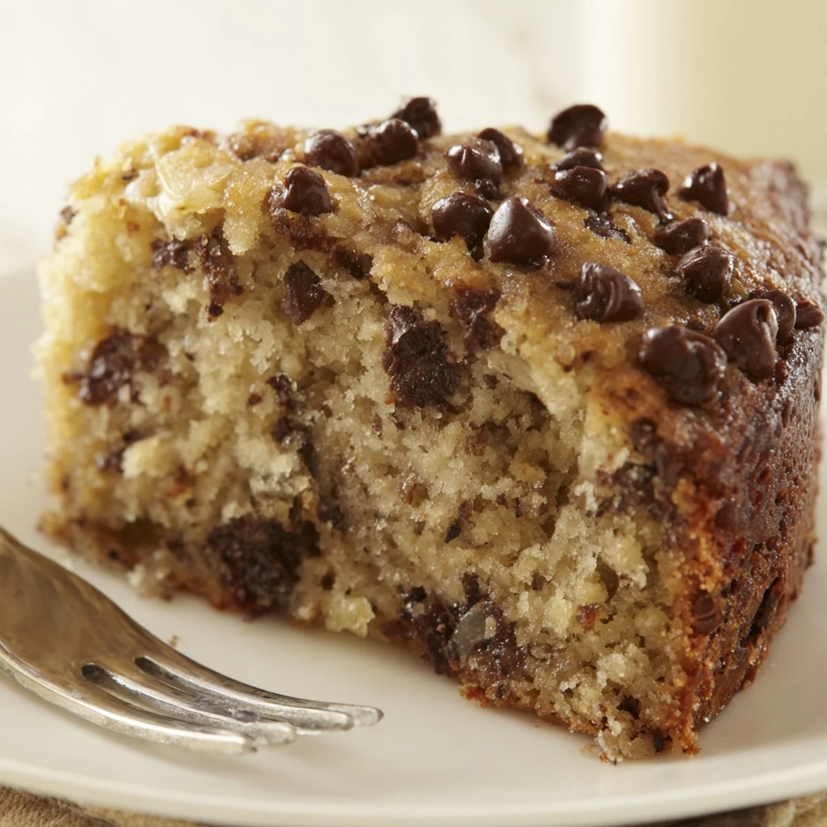 Warm Banana Chocolate Chip Cake Recipe slice topped with melting vanilla ice cream