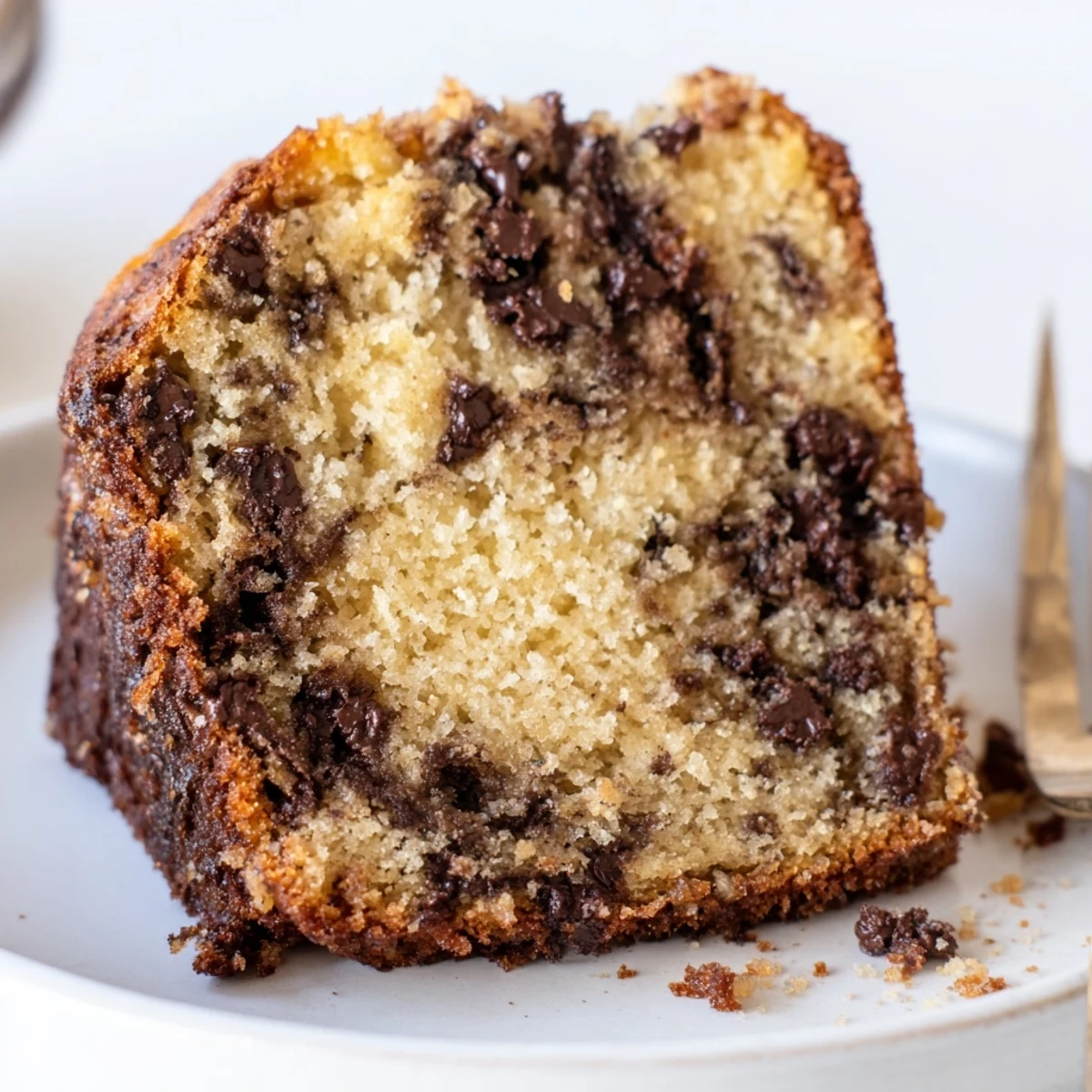 Banana Chocolate Chip Cake Recipe: moist golden crumb, melted chips, cooling rack