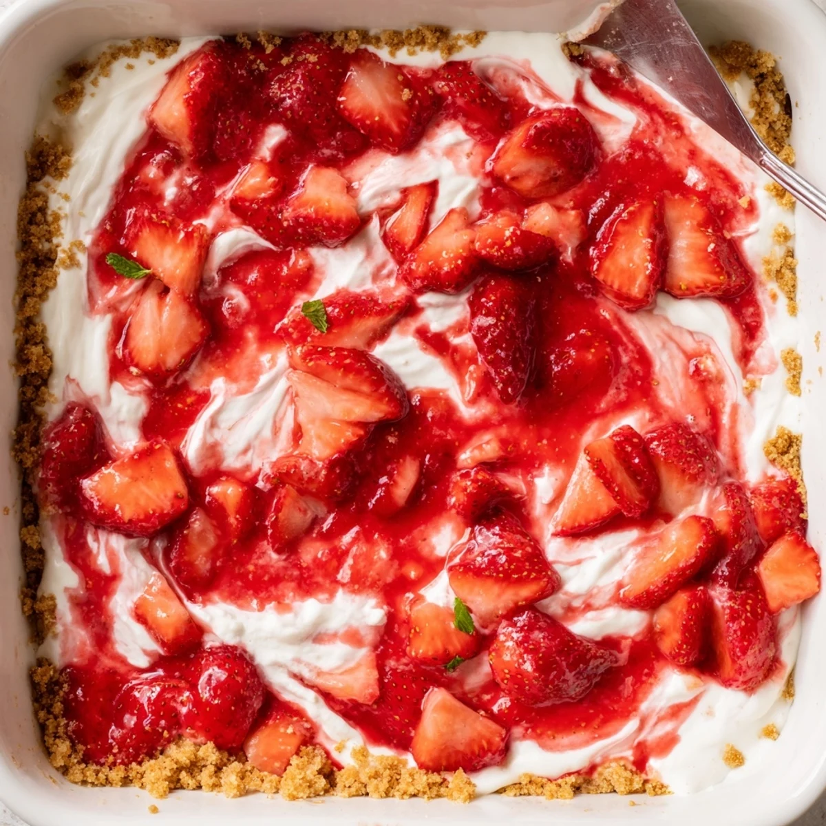 No Bake Strawberry Shortcake Dessert layered with creamy filling and macerated strawberries.