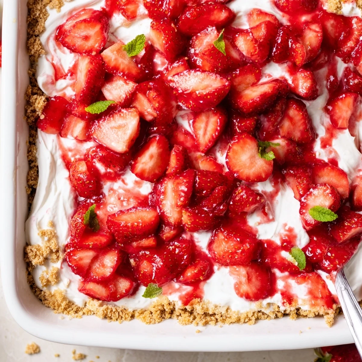 Chilled No Bake Strawberry Shortcake Dessert in dish, garnished with fresh mint.