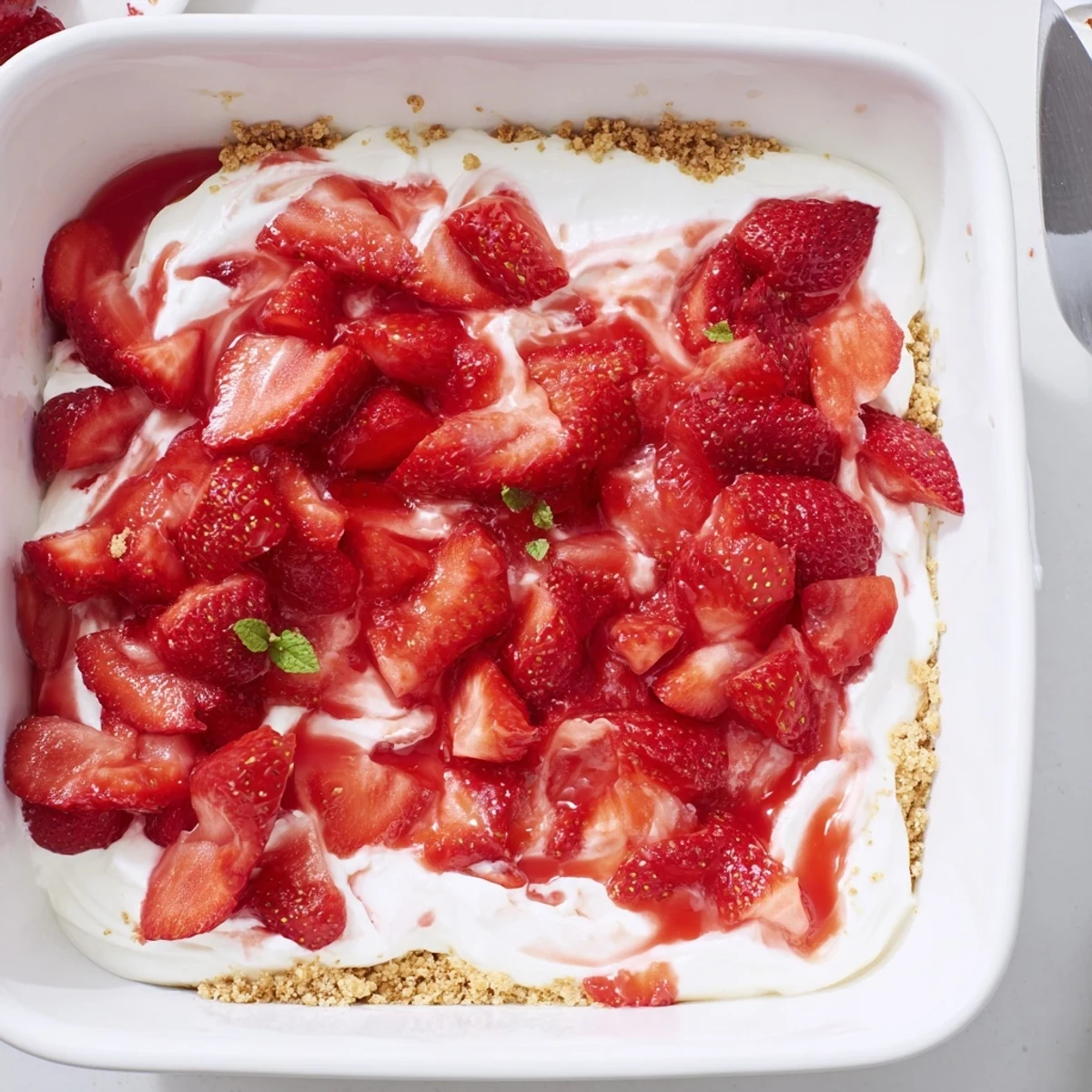 Slice of No Bake Strawberry Shortcake Dessert showing crunchy graham cracker base.