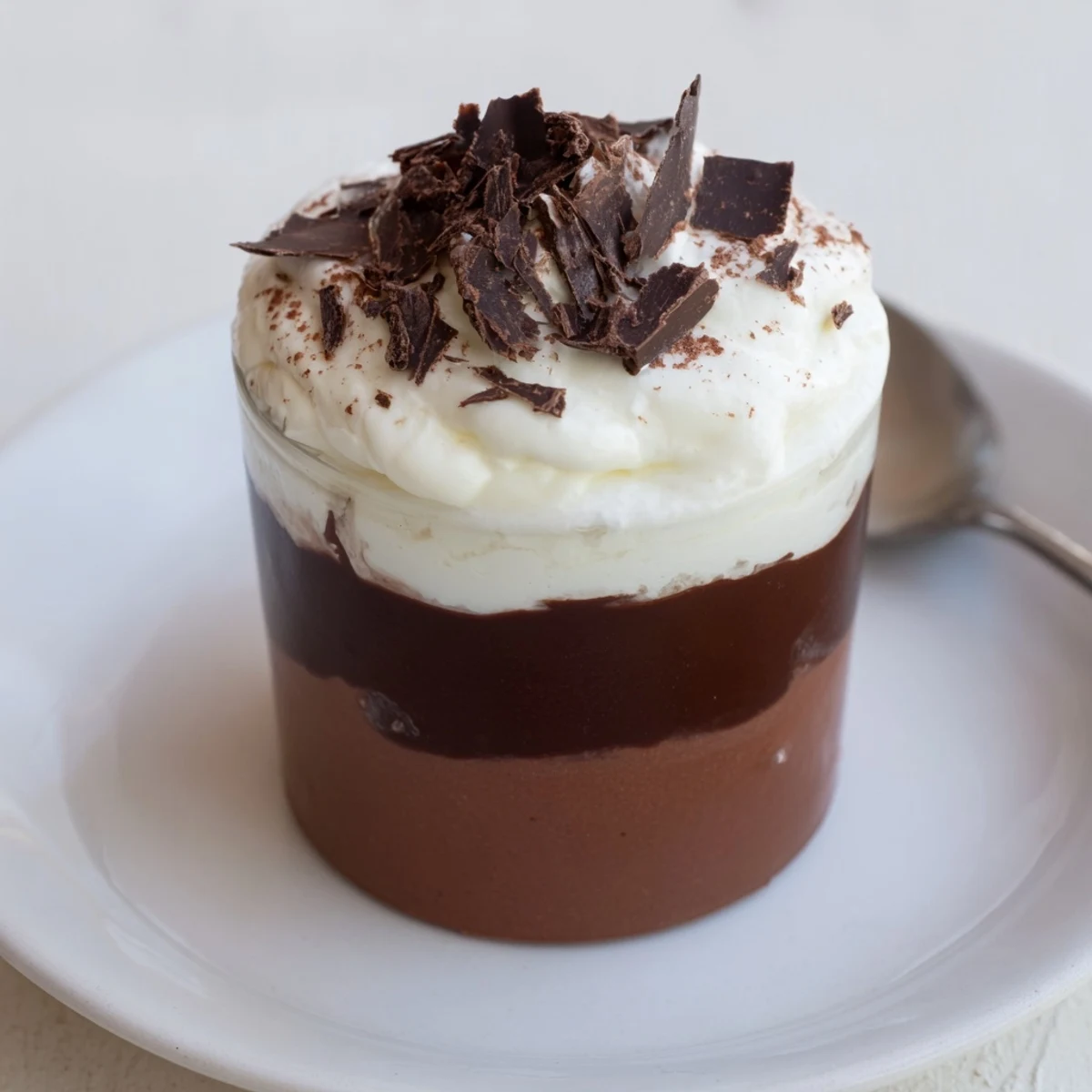 Triple Chocolate Mousse Cups with glossy layered chocolate, garnished with shaved chocolate.