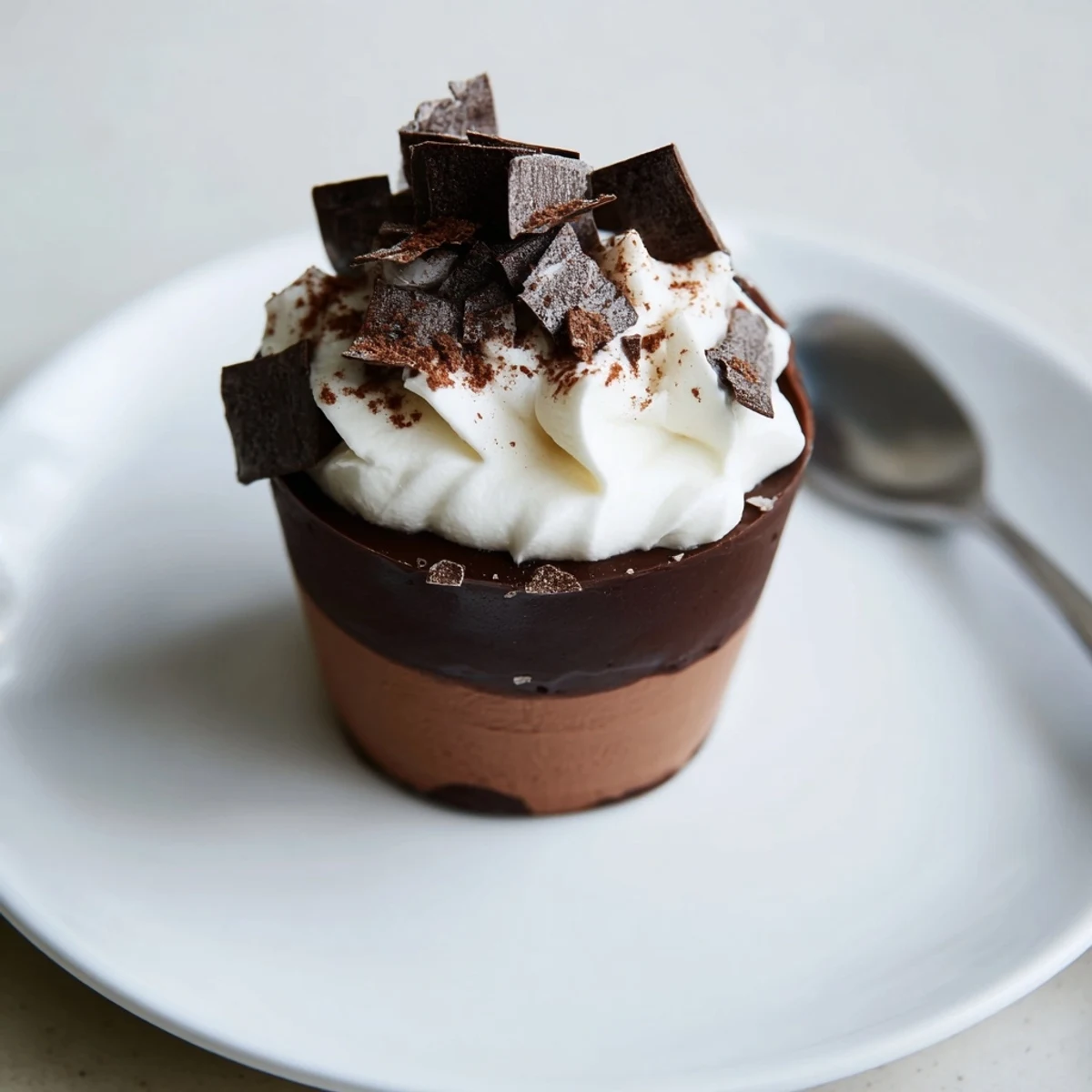 Individual Triple Chocolate Mousse Cups chilled, airy textures of dark, milk, white.