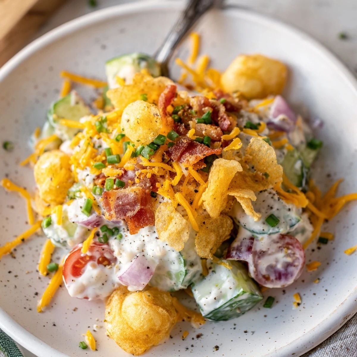 Cucumber Ranch Crack Salad piled in bowl, creamy ranch and crunchy bacon