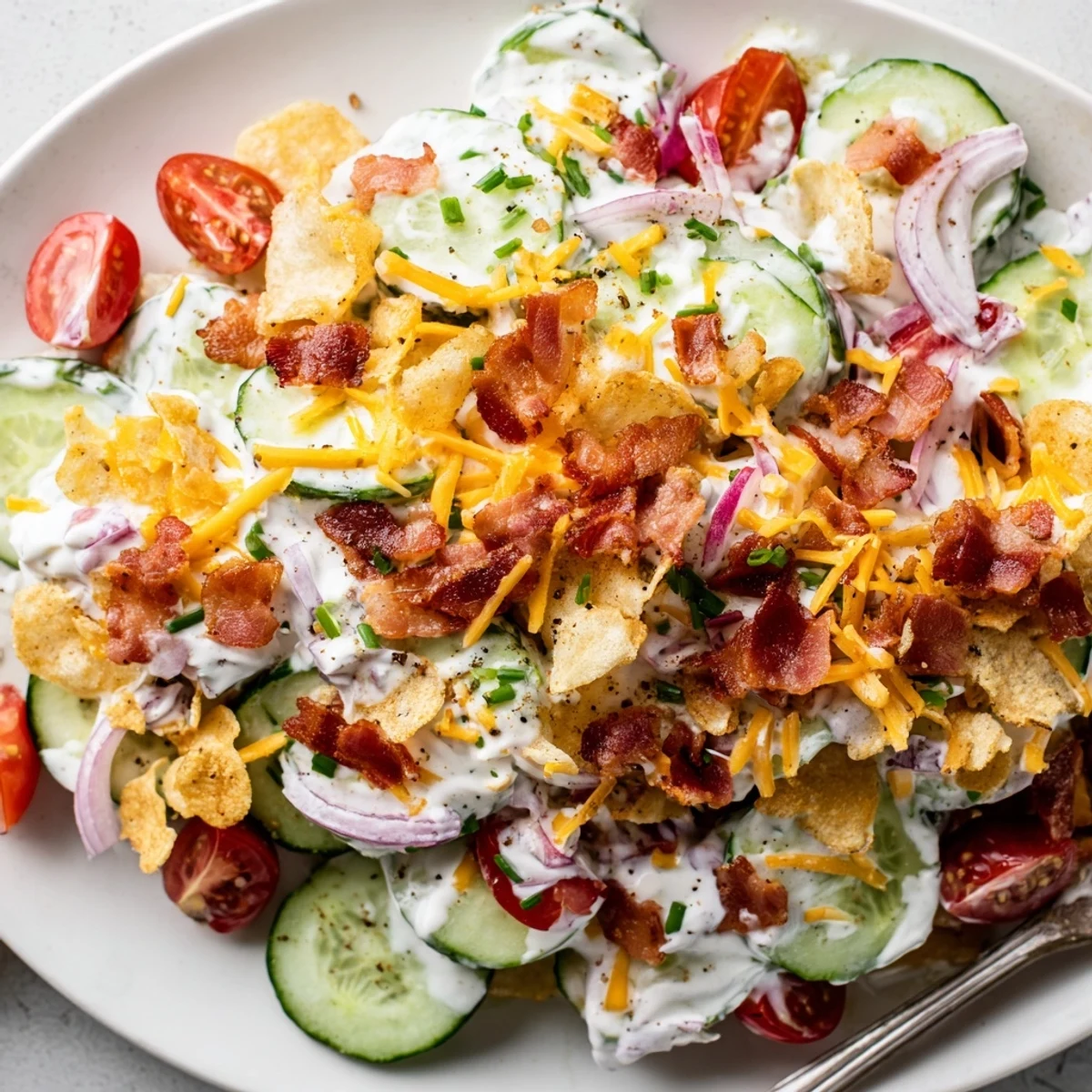 Bright Cucumber Ranch Crack Salad with diced cucumbers, cheddar, and chips