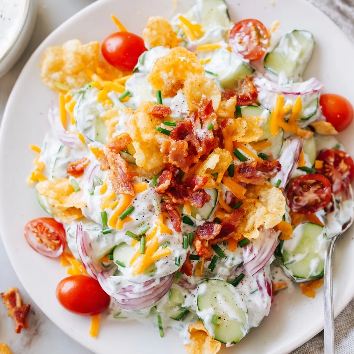 Chilled Cucumber Ranch Crack Salad ready for potluck, topped with fresh chives