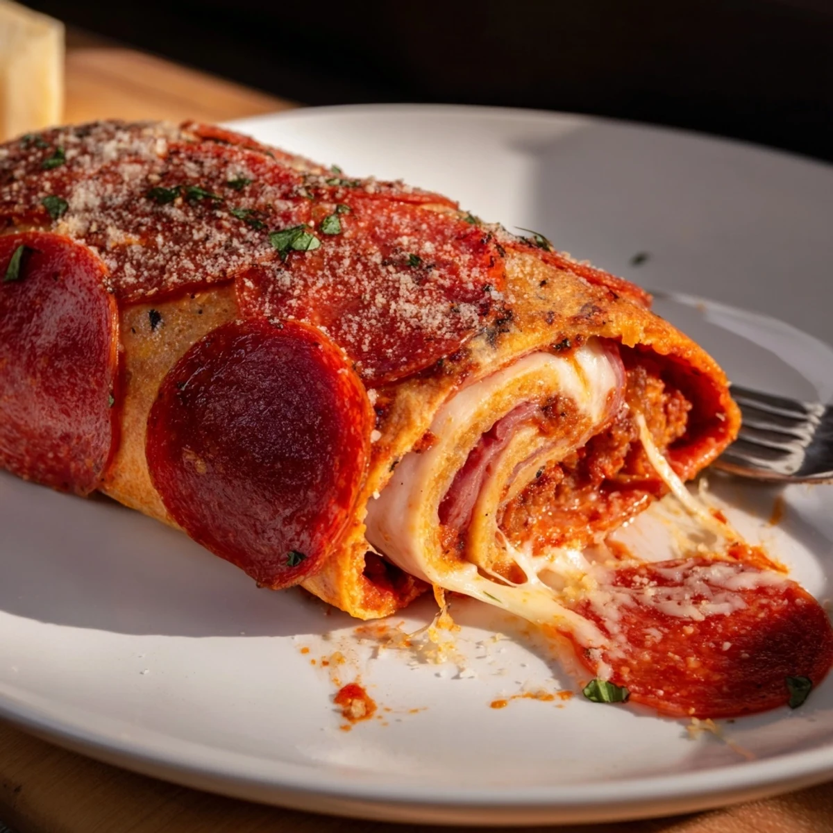 Baked Cheesy Beef Pepperoni Pizza Roll Ups Snack Recipe cooling on parchment, basil garnish