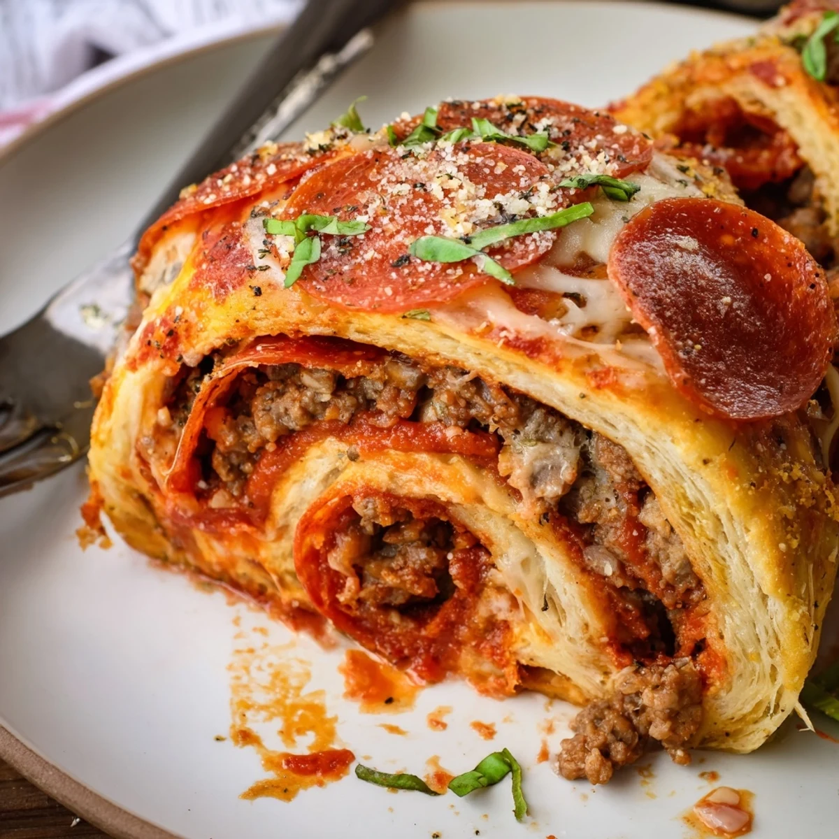 Cheesy Beef Pepperoni Pizza Roll Ups Snack Recipe, golden-brown, cheese bubbling, served warm