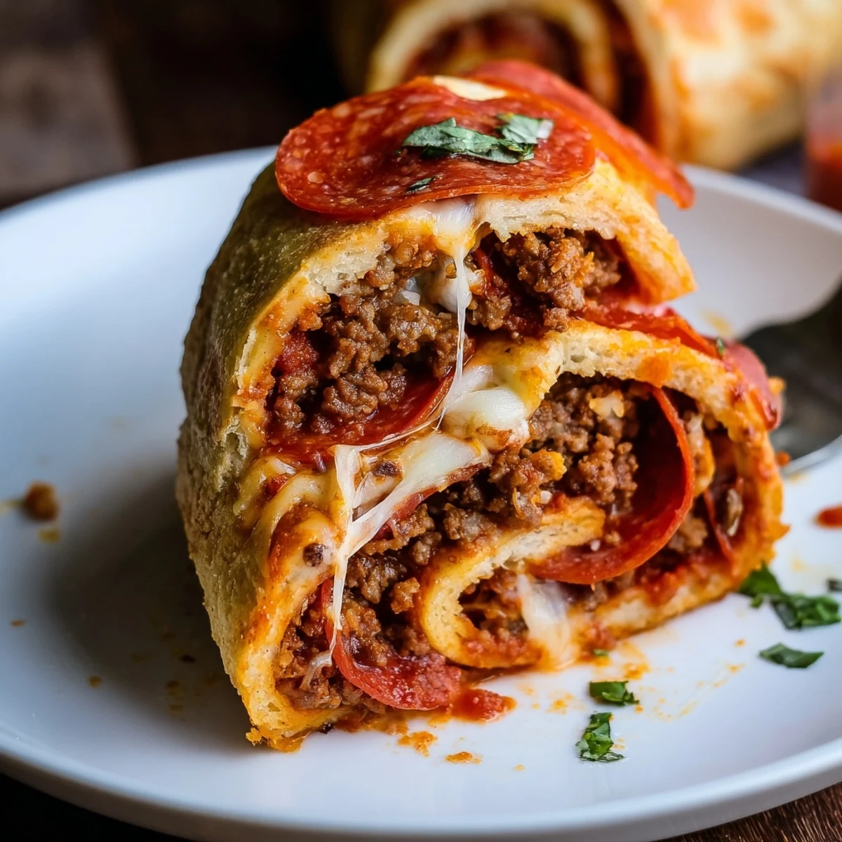 Family-style Cheesy Beef Pepperoni Pizza Roll Ups Snack Recipe with marinara for dipping